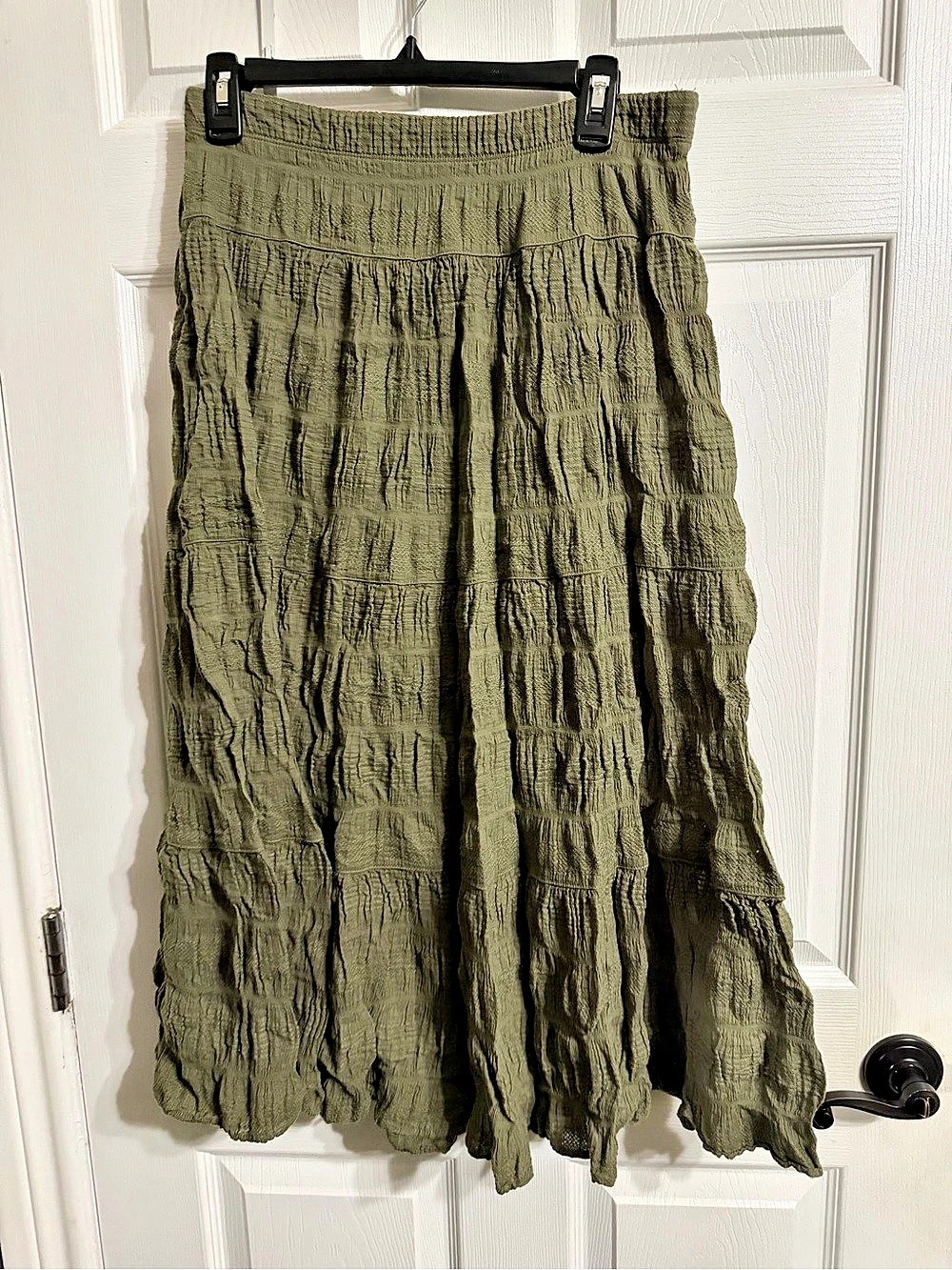 Max Studio London Textured Cotton Tiered Maxi Skirt Olive Medium